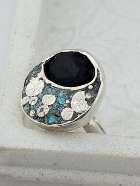 ONYX & INLAY TURQUOISE  MOON RING HANDCRAFTED RECYCLED STERLING SILVER 8.3/4